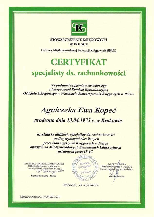 Certyfikat specjalisty ds. rachunkowości