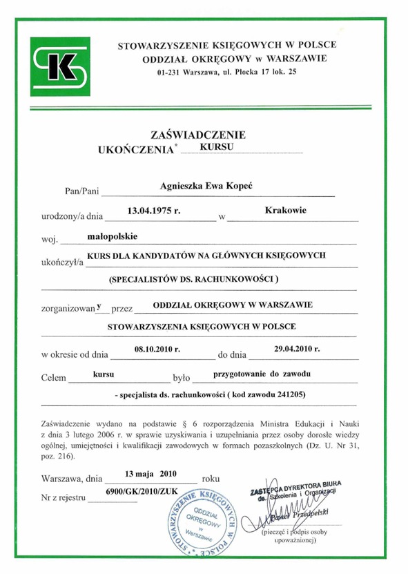 Skan zaświadczenia ukończenia kursu dla kandydatów na głównych księgowych, wydanego przez Stowarzyszenie Księgowych w Polsce, Oddział Okręgowy w Warszawie.