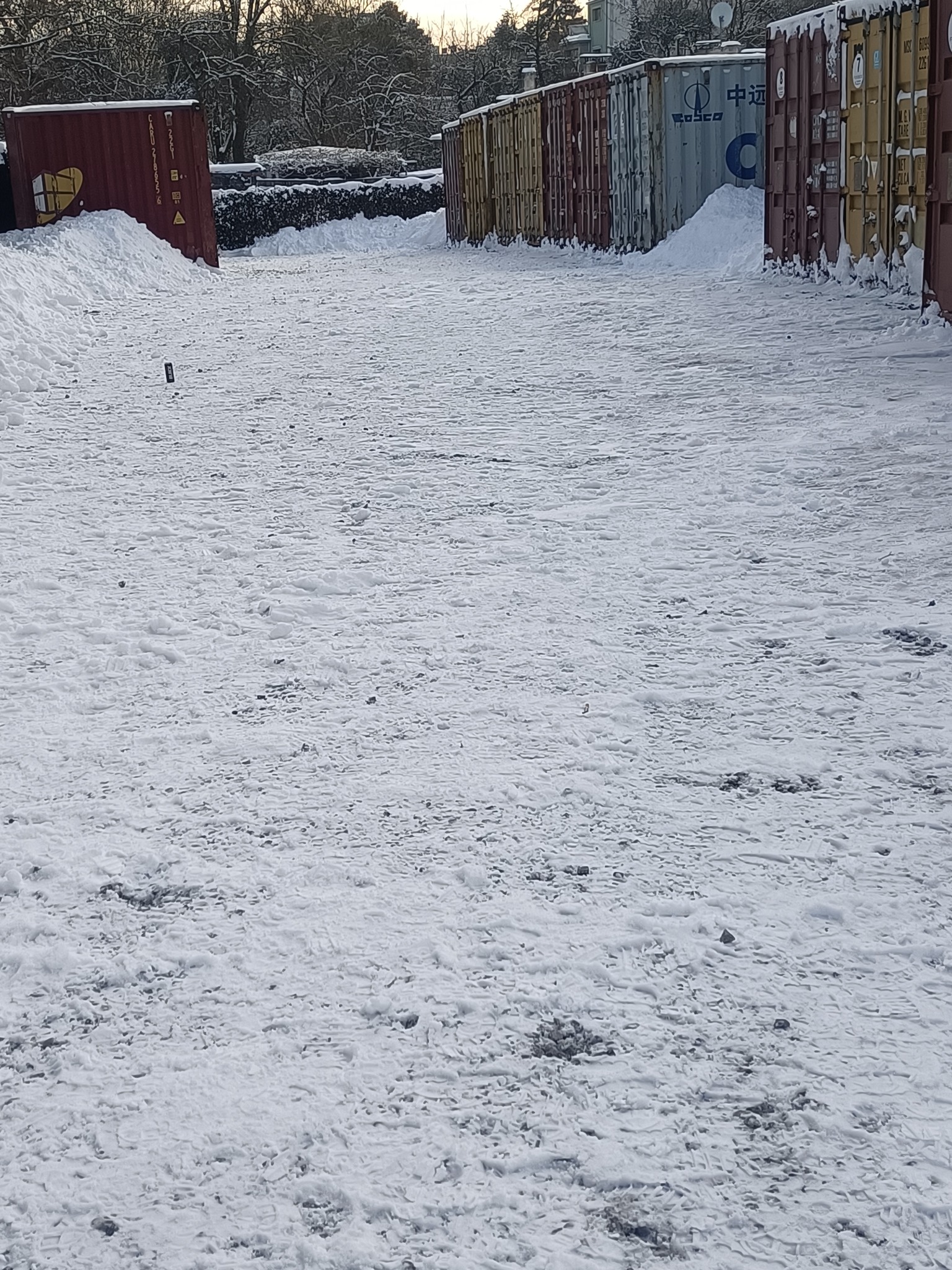 Śnieg usunięty spomiędzy rzędów kontenerów. Widoczne odśnieżone powierzchnie i pryzmy śniegu. Zimowy krajobraz z kontenerami w tle.