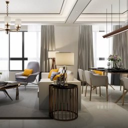 Solidus - Eleganckie wnętrze salonu z jadalnią: szare zasłony, nowoczesne lampy, marmurowe podłogi i designerskie meble tworzą spójną, luksusową przestrzeń.