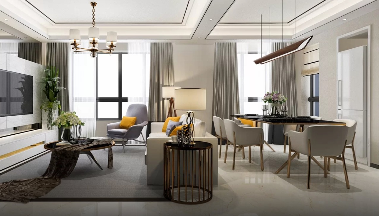 Eleganckie wnętrze salonu z jadalnią: szare zasłony, nowoczesne lampy, marmurowe podłogi i designerskie meble tworzą spójną, luksusową przestrzeń.