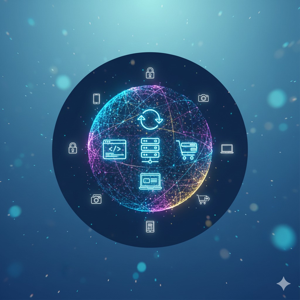 Abstrakcyjna grafika: neonowa kula z ikonami (kod, serwer, koszyk, laptop, aparat, smartfon, tablet, kłódka, odświeżanie) na gradientowym, błękitnym tle z bokeh.