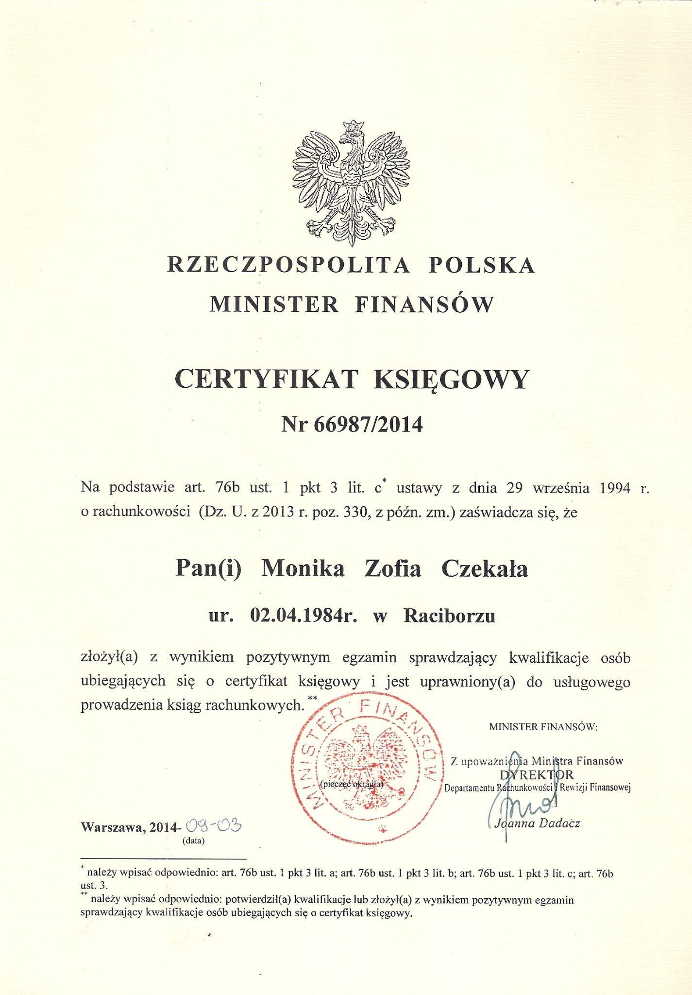 Certyfikat Księgowy Ministerstwa Finansów 2012