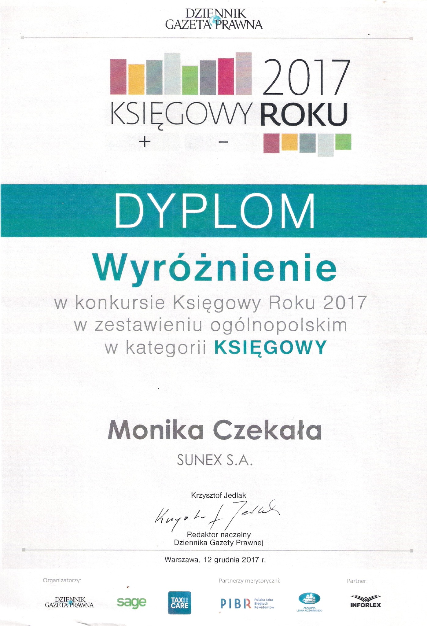 Dyplom 'Księgowy Roku 2017' dla Moniki Czekały z SUNEX S.A., przyznany przez Dziennik Gazetę Prawną. Widoczne logo organizatorów i partnerów konkursu.