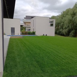 Teren Zieleni Vasyl Dutchak - Perfekcyjnie skoszony trawnik przed nowoczesnym domem z basenem, widok z poziomu gruntu. Trawa równo przycięta, tworzy wzór w paski. Dwa worki stoją obok basenu.