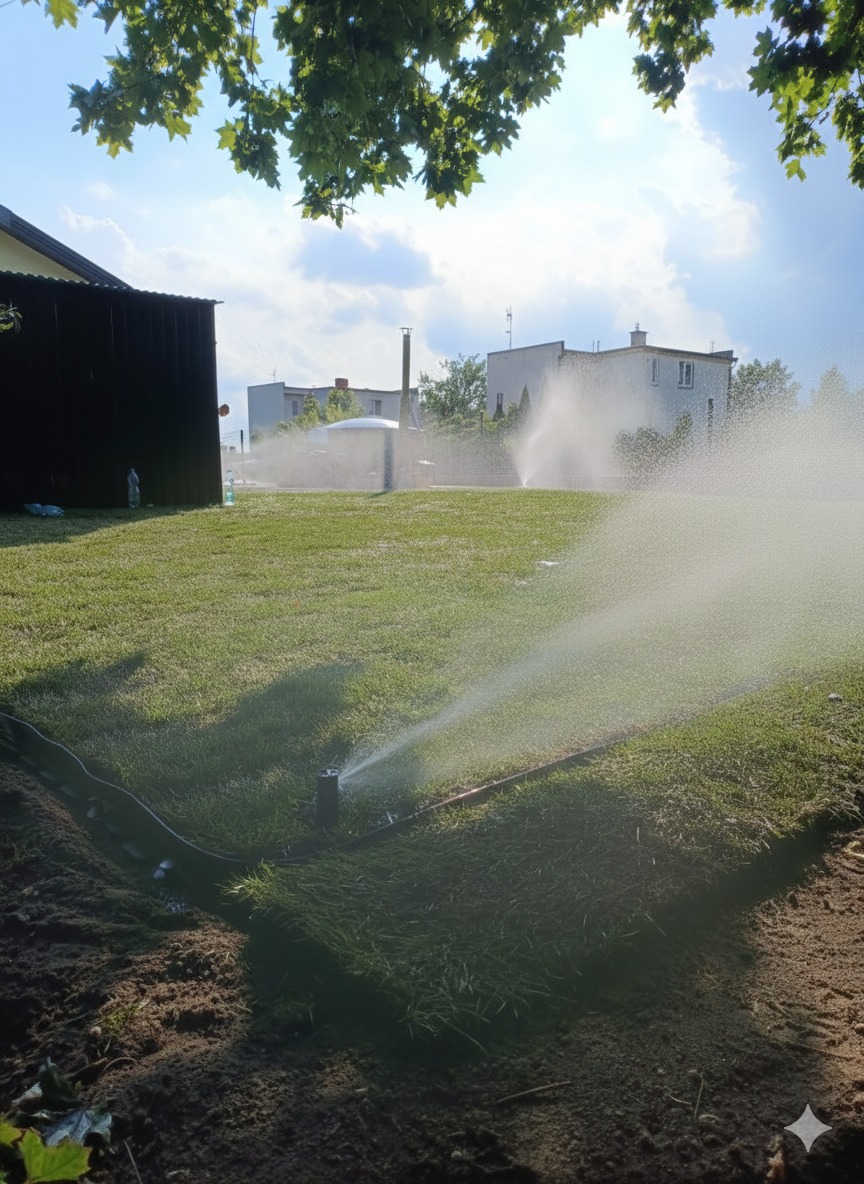 Działający system nawadniania trawnika zraszaczami rotacyjnymi. W tle budynki mieszkalne i błękitne niebo z chmurami. Widoczne wykopane rowki pod instalację.