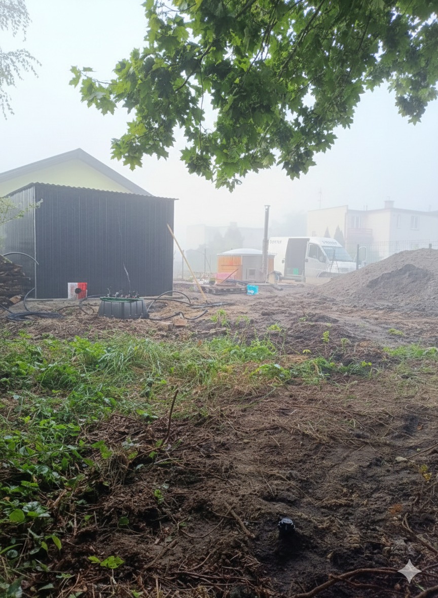 Mglisty krajobraz z elementami instalacji nawadniającej, zbiornikiem i stertą ziemi. W tle budynek i samochód dostawczy.