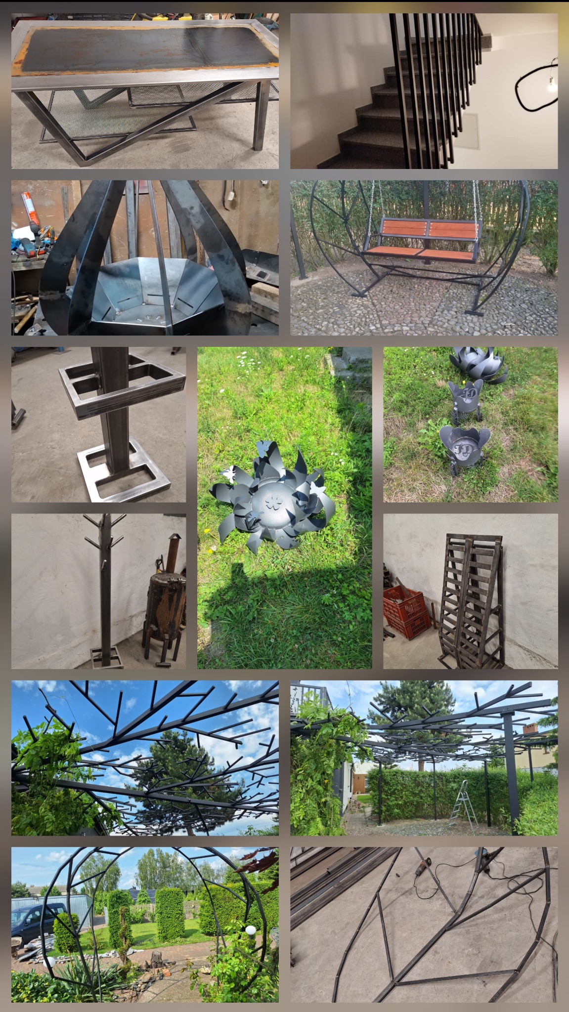 Kompozycja zdjęć prezentująca różnorodne wyroby metalowe: stół, schody, huśtawka ogrodowa, wieszak, dekoracje, regał na wino i pergola z roślinnością.