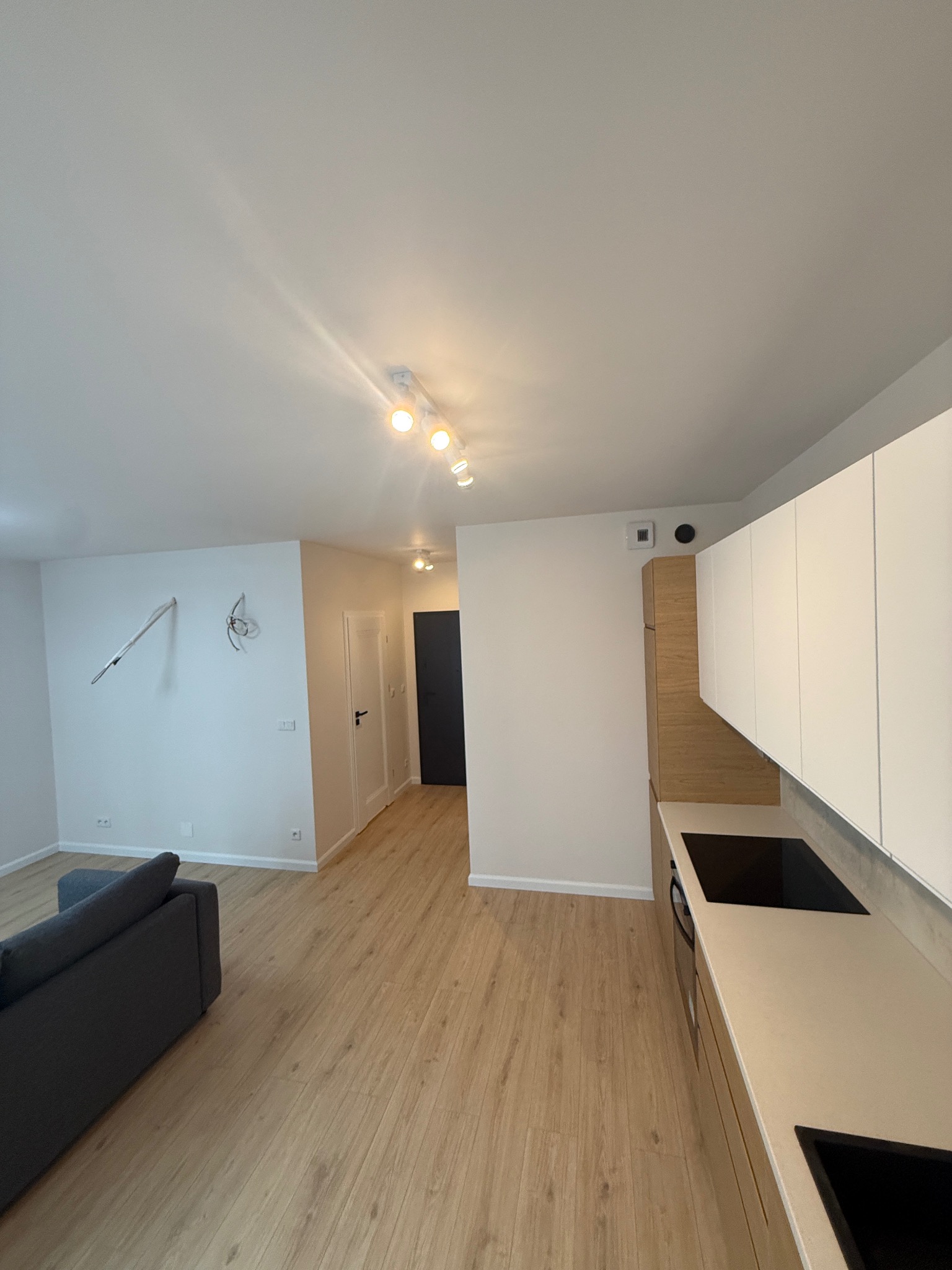 Jasne, nowocześnie wykończone wnętrze mieszkania z drewnianą podłogą, białymi ścianami i zabudową kuchenną. Widoczne elementy dekoracyjne i oświetlenie.