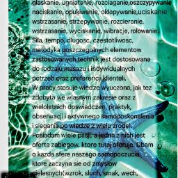 AnetaWitt - Grafika z tekstem o technikach masażu manualnego, z motywem morskim i rozgwiazdą. Informacje o ofercie zabiegów i dbałości o samopoczucie klienta.