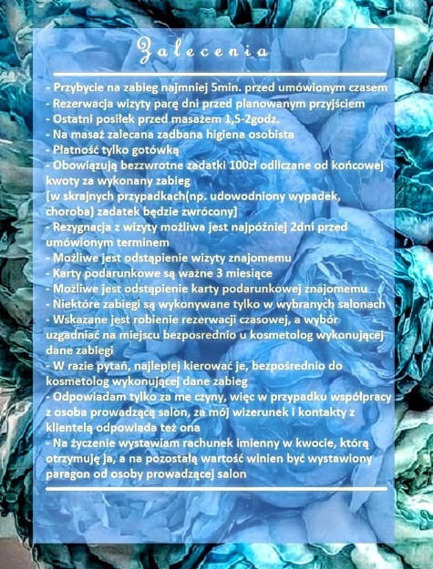 Zalecenia przed zabiegiem kosmetycznym: przybycie 5 minut wcześniej, rezerwacja, higiena, płatność gotówką, zadatki, rezygnacja, karty podarunkowe, kontakt z kosmetologiem.