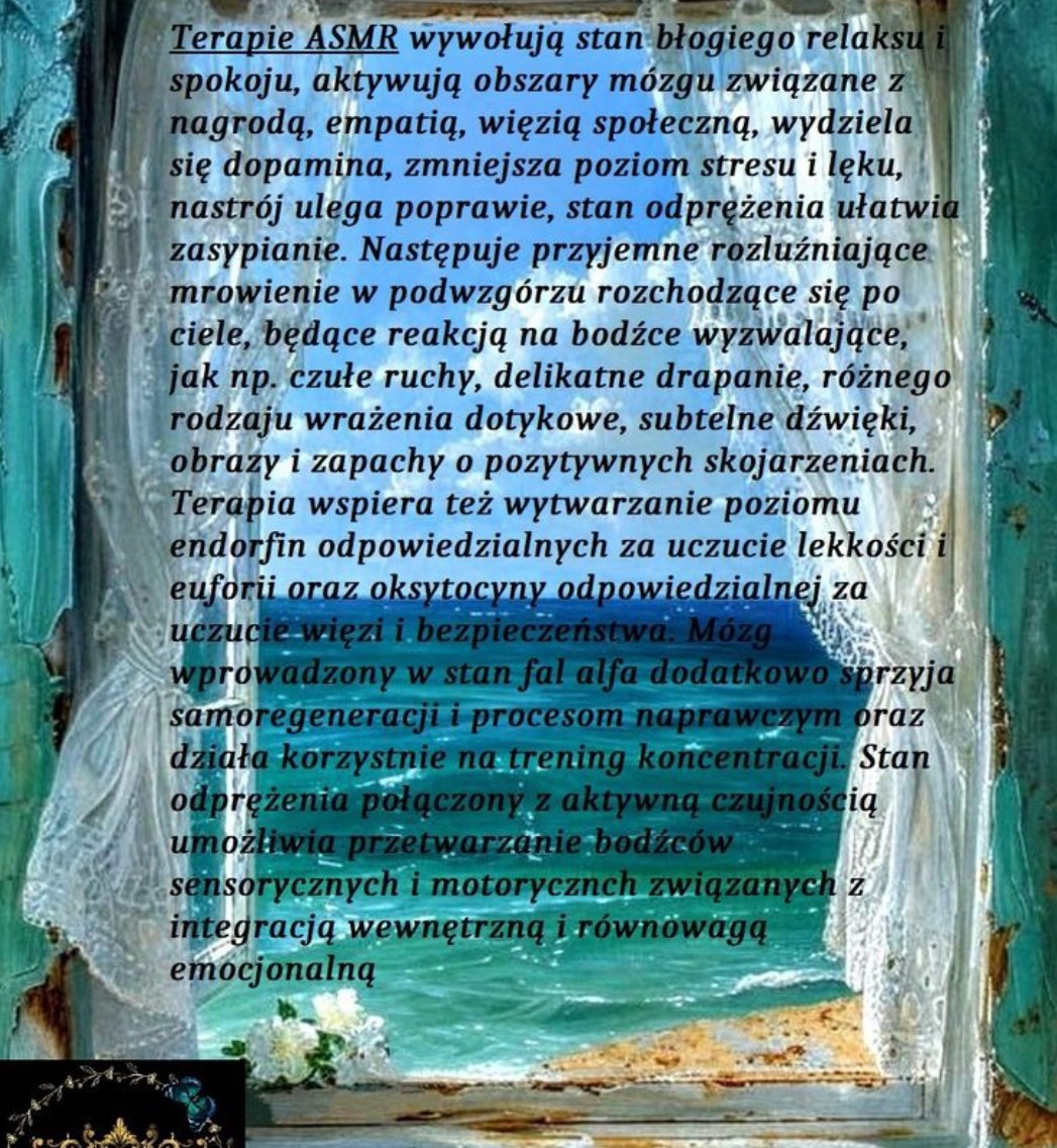 Tekst o terapii ASMR na tle okna z widokiem na morze, podkreślający relaks i odprężenie. Delikatne kolory i spokojna sceneria.