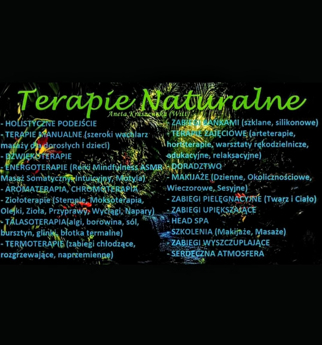 Oferta terapii naturalnych: holistyczne podejście, masaże, aromaterapia, ziołoterapia, talasoterapia, zabiegi pielęgnacyjne i upiększające. Szkolenia z makijażu i masażu.
