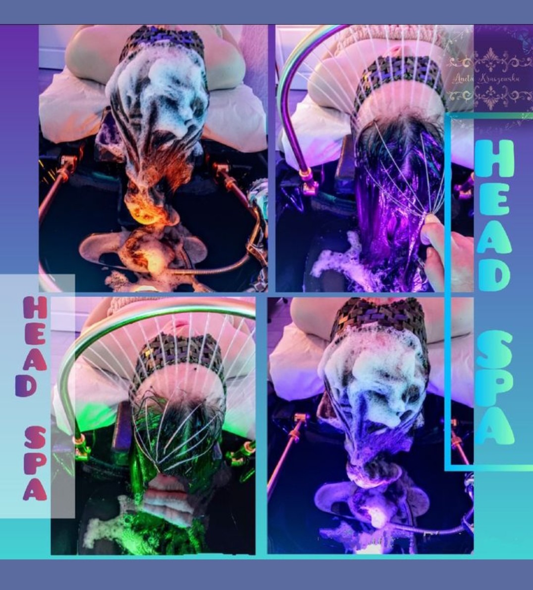 Head Spa: Kolaż czterech ujęć z zabiegu pielęgnacyjnego głowy z użyciem piany i kolorowego oświetlenia. Widok z góry na głowę w specjalnej misie.