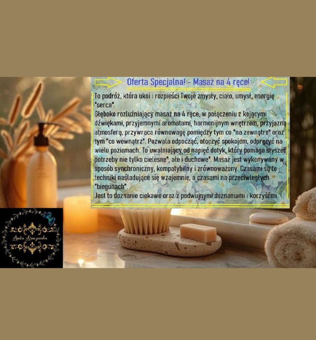 Aromatyczny zestaw do masażu: szczotka, mydło, świeca i balsam w ciepłym świetle. Relaksacyjny klimat, oferta specjalna na masaż na 4 ręce.