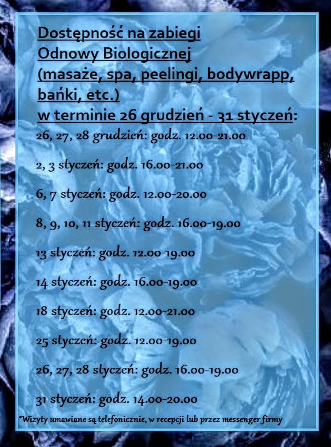 Grafika z dostępnością terminów na zabiegi odnowy biologicznej (masaże, spa, peelingi, body wrapping, bańki) w grudniu i styczniu. Informacja o rezerwacji telefonicznej.