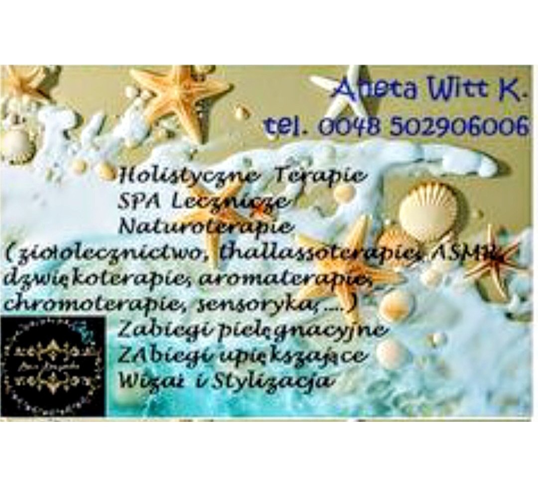 Holistyczne terapie SPA lecznicze z naturoterapią, zabiegami pielęgnacyjnymi i upiększającymi, wizaż i stylizacja. Dekoracja z muszelek i rozgwiazd.