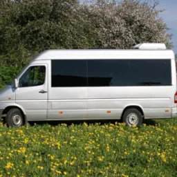 Srebrny bus z przyciemnianymi szybami zaparkowany na łące pełnej żółtych mleczy, w tle kwitnące drzewa i błękitne niebo.