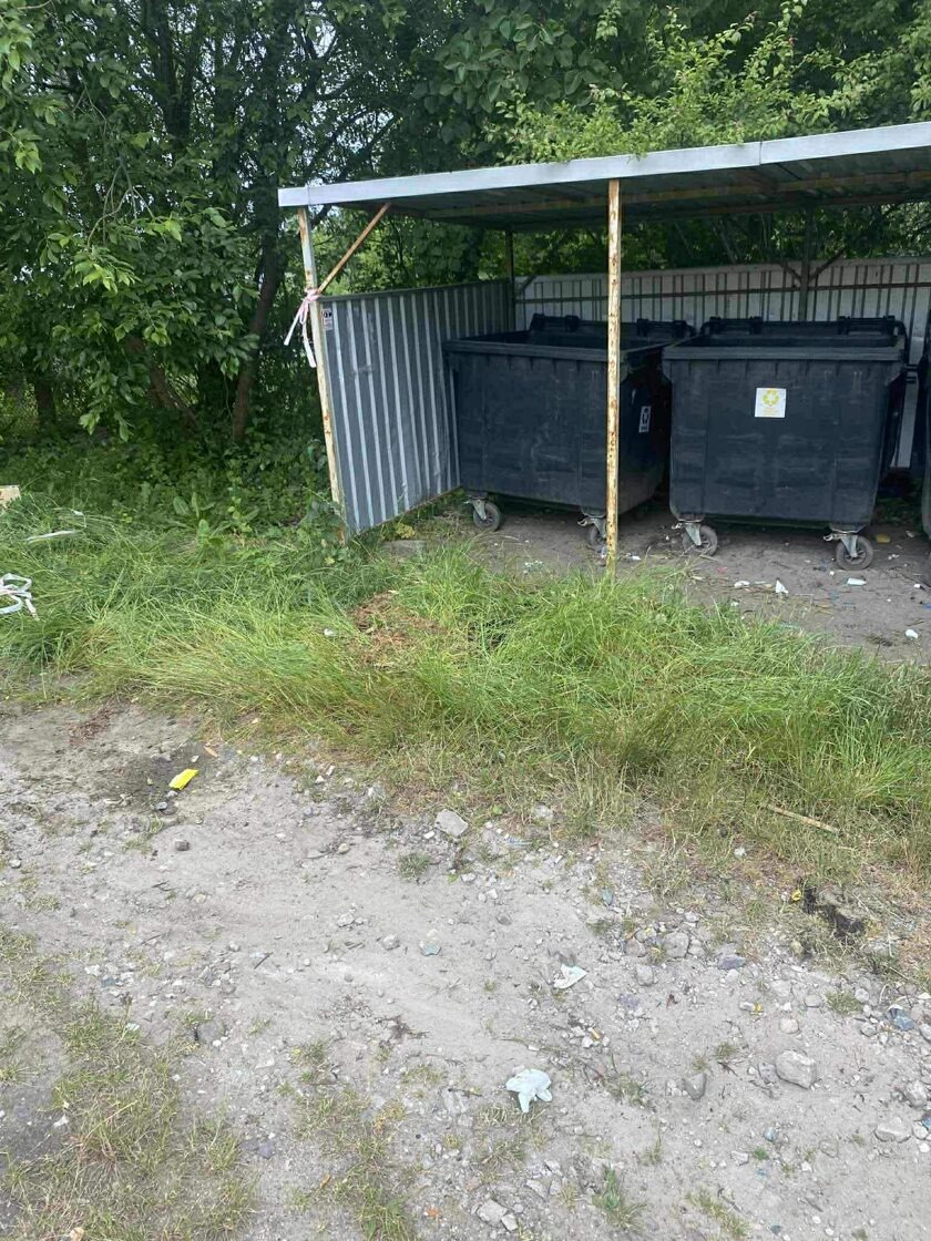 Kontenery na śmieci pod zadaszeniem, otoczone zielenią i gruzem. Widok na teren po pracach porządkowych, z elementami roślinności i pozostałościami po sprzątaniu.