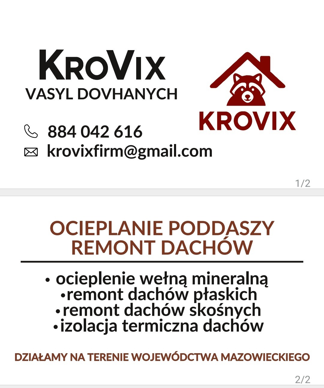 Wizytówka firmy Krovix z ofertą ocieplania poddaszy i remontów dachów, obejmującą ocieplenie wełną mineralną, remont dachów płaskich i skośnych oraz izolację termiczną.
