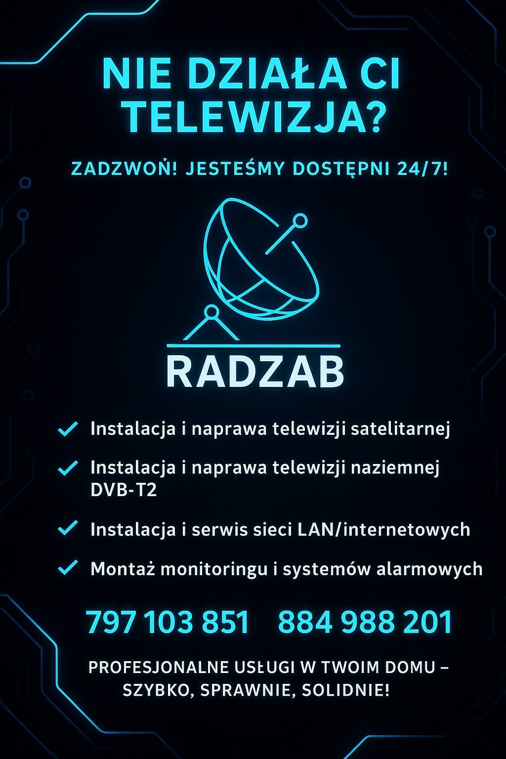 Grafika z neonową anteną satelitarną i tekstem: 'Nie działa Ci telewizja?' Oferta instalacji i naprawy telewizji satelitarnej, naziemnej DVB-T2, sieci LAN i monitoringu.