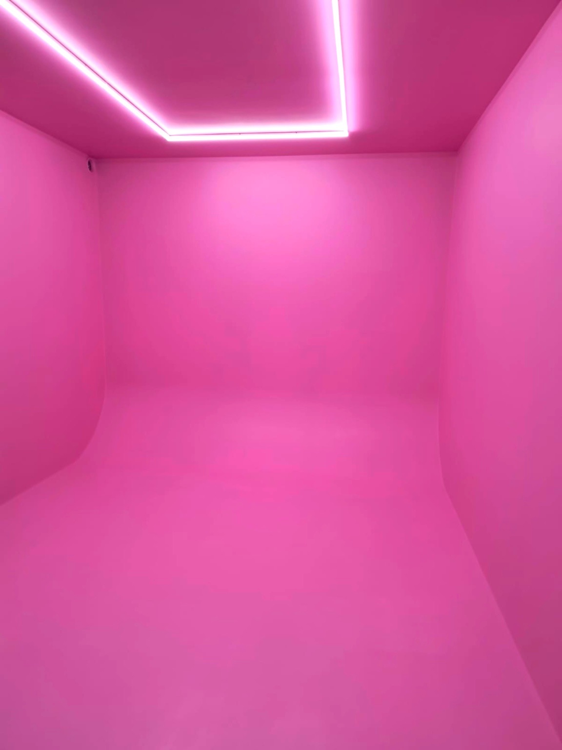 Różowe wnętrze z oświetleniem LED na suficie. Ściany i podłoga w odcieniach różu tworzą jednolitą przestrzeń. Minimalistyczny design.