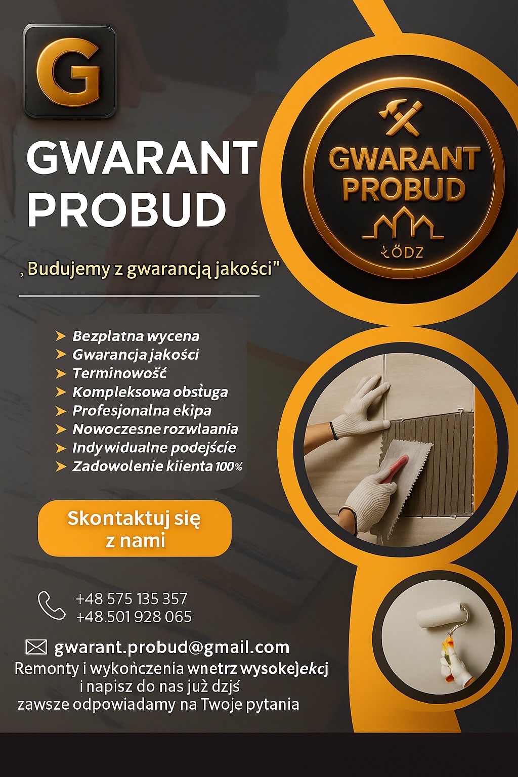 Grafika reklamowa firmy remontowej: logo, hasło 'Budujemy z gwarancją jakości', wykończenie wnętrz, kontakt. W tle układanie płytek i malowanie wałkiem.
