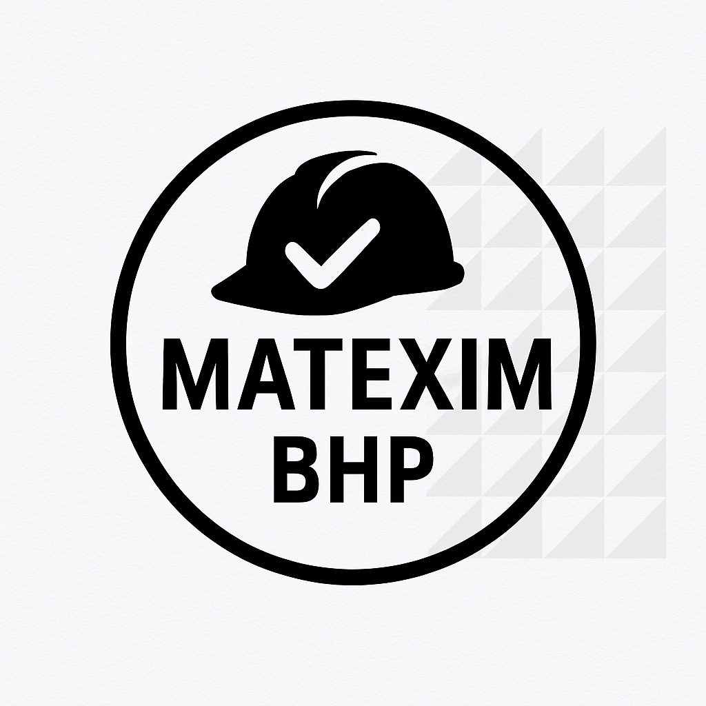 Logo firmy Matexim BHP: czarny kask z symbolem akceptacji w okręgu, nazwa firmy i skrót BHP na białym tle z delikatnym wzorem w tle.