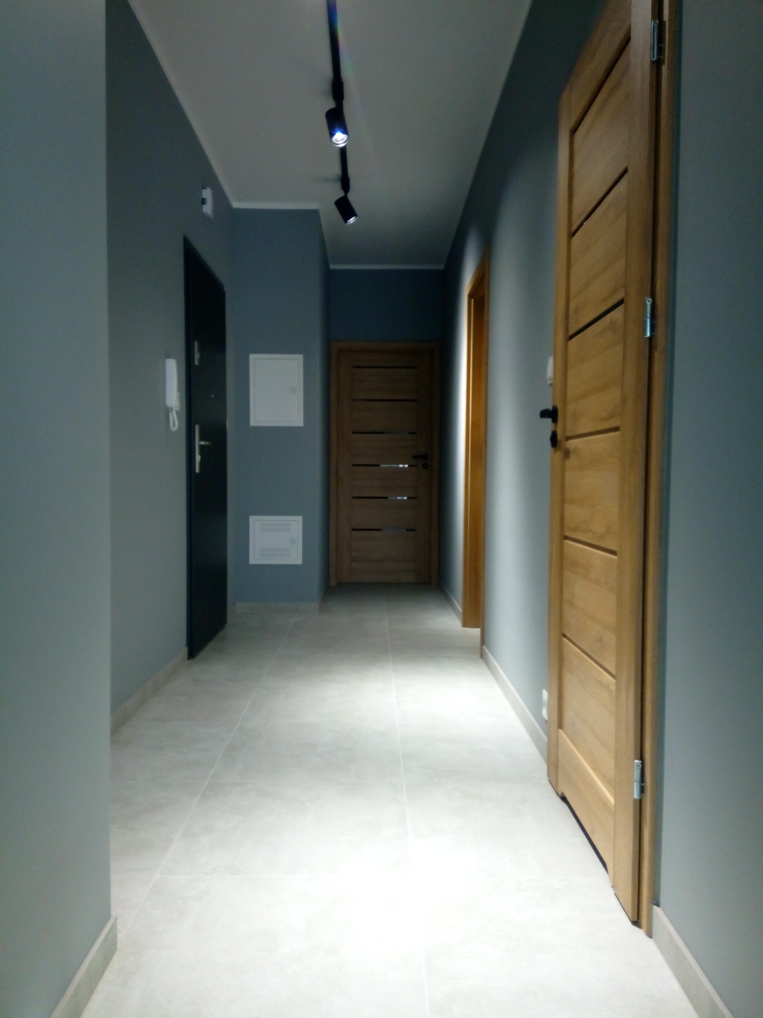 Korytarz po remoncie: szare ściany, jasna podłoga, drewniane drzwi z poziomymi panelami, oświetlenie punktowe na suficie. Minimalistyczny design.