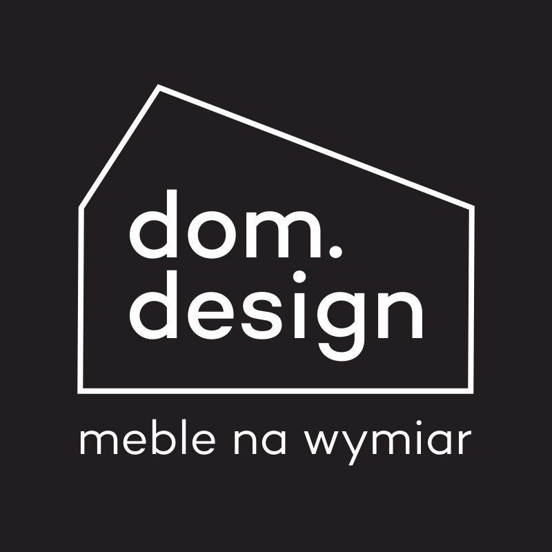Minimalistyczne logo 'dom.design' z obrysem domu i napisem 'meble na wymiar' na czarnym tle. Prosty, nowoczesny design.