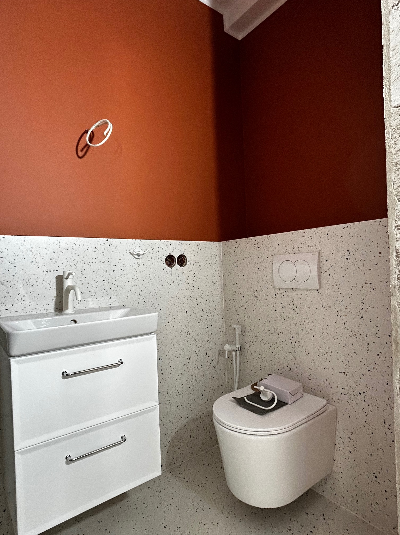 Wykończona łazienka z terazzo, wisząca toaleta z bidetką, biała szafka pod umywalką z chromowanymi uchwytami, ściany pomalowane na terakotowy kolor.