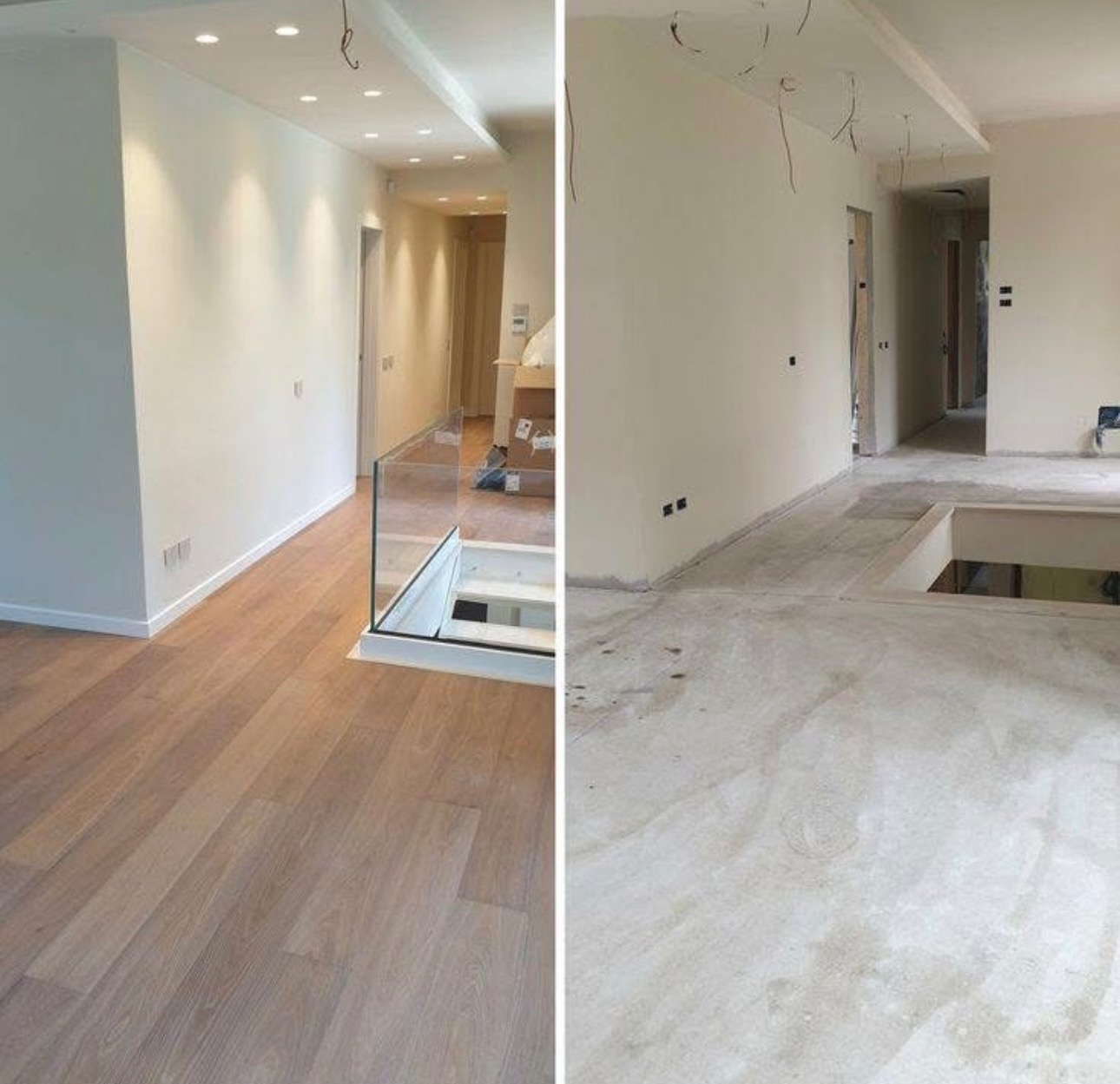 Porównanie: świeżo ułożone panele podłogowe z jasnego drewna i surowa wylewka w jasnym wnętrzu z oświetleniem punktowym. Widok na schody z barierką.