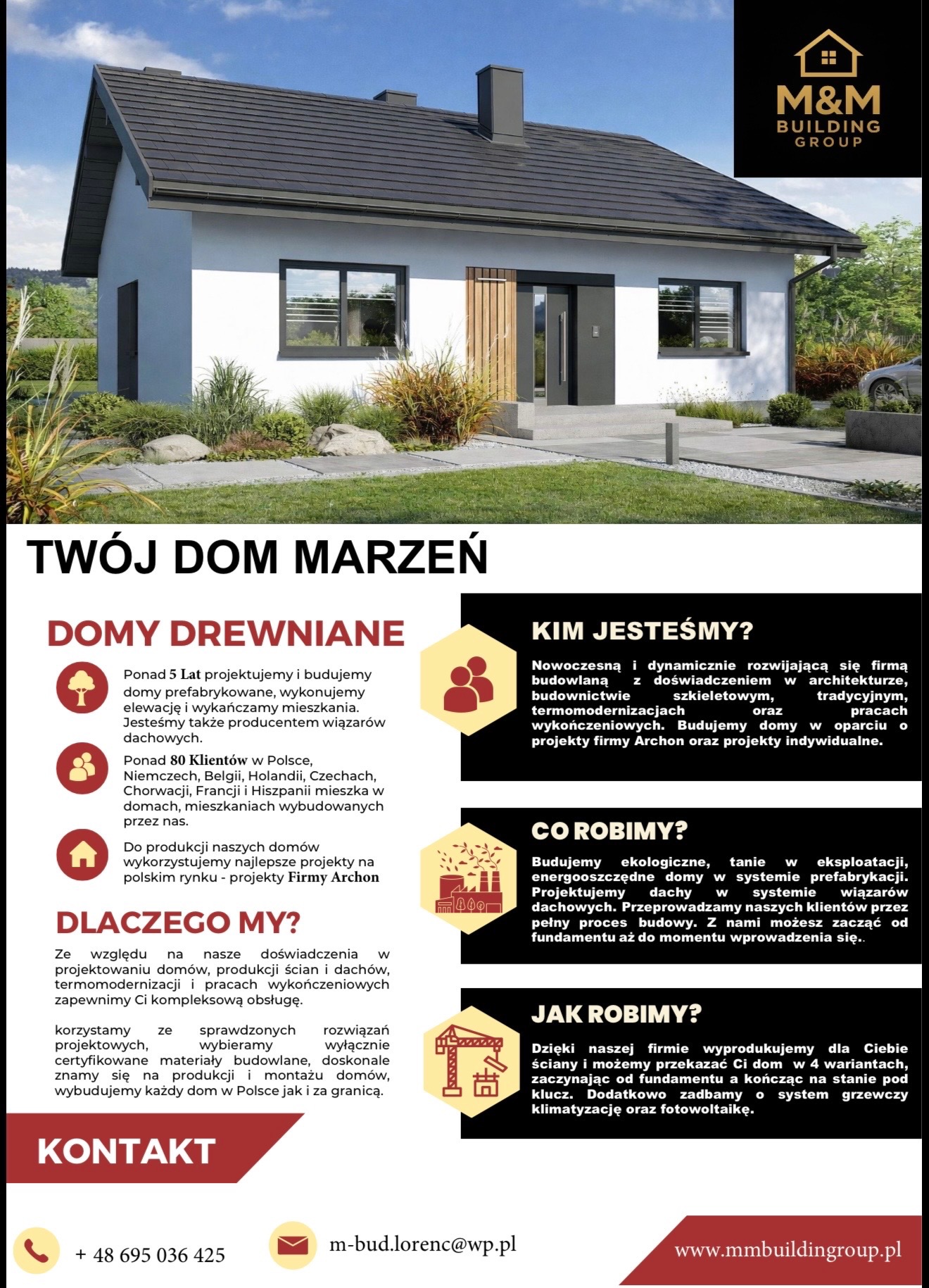 Nowoczesny dom szkieletowy z ciemnym dachem i jasną elewacją, otoczony zielenią. Widoczny fragment chodnika i starannie zagospodarowany ogród. Prezentacja firmy budowlanej.