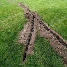 Ogrody po Naszymu - Wykonane rowy w trawniku, prawdopodobnie pod instalację nawadniającą. Widoczne ślady opon i świeżo wykopana ziemia. W tle szklarnia.