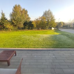 Ogrody po Naszymu - Poranna rosa na trawniku widziana z tarasu z kostki brukowej. W tle drzewa i krzewy w jesiennej kolorystyce. Ujęcie z niskiej perspektywy.