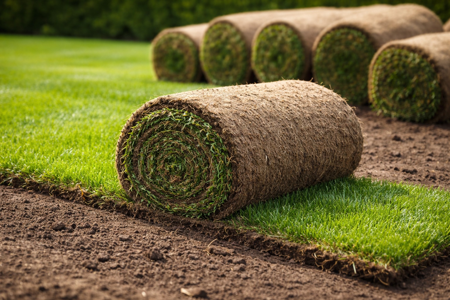 Rozwinięta rolka trawy na przygotowanym podłożu, w tle zwinięte rolki. Widoczny etap układania trawy z rolki, świeża zieleń trawy kontrastuje z brązową ziemią.