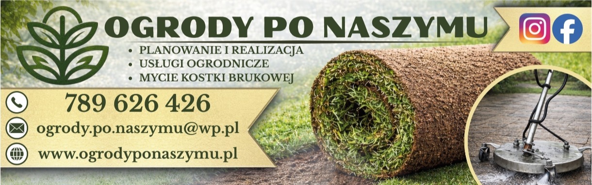 Baner reklamowy firmy ogrodniczej: rolka trawy, myjka do kostki, logo, dane kontaktowe i ikony mediów społecznościowych na tle zieleni.