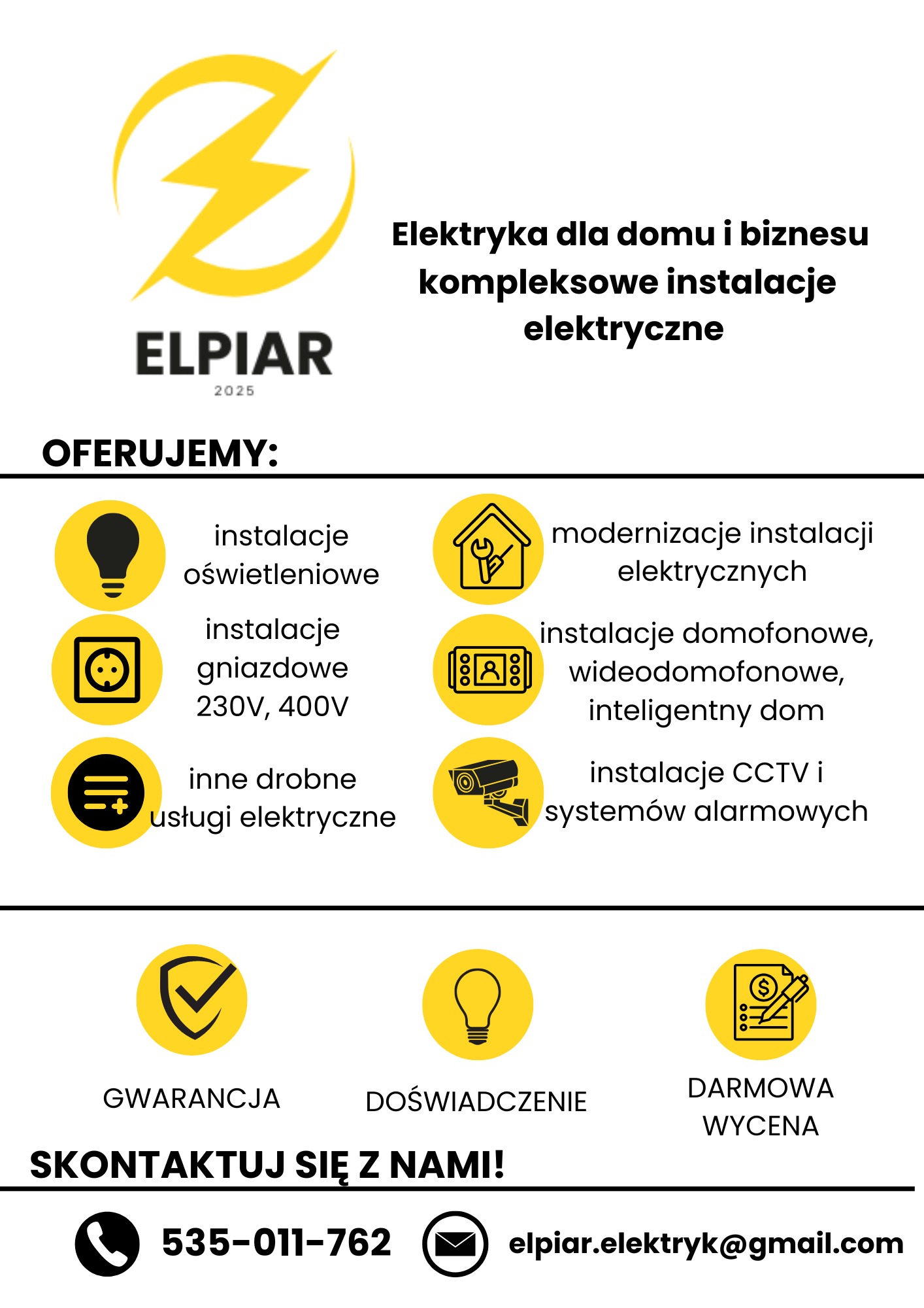 Grafika reklamowa firmy Elpiar oferującej kompleksowe instalacje elektryczne dla domu i biznesu, w tym oświetleniowe, gniazdowe, domofonowe i alarmowe.