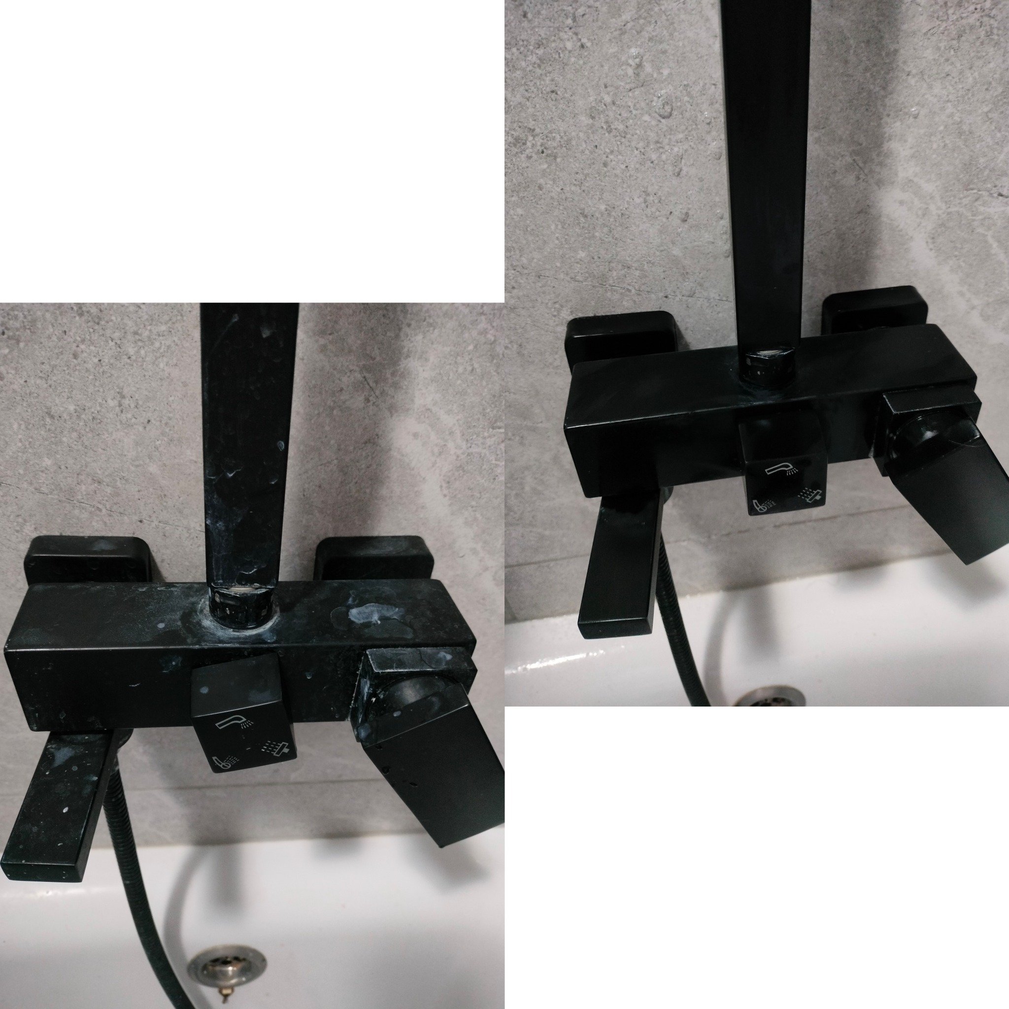 Zdjęcie 'przed i po' czyszczenia czarnej, matowej baterii prysznicowej z osadów kamienia, z widocznymi różnicami w połysku i czystości powierzchni.