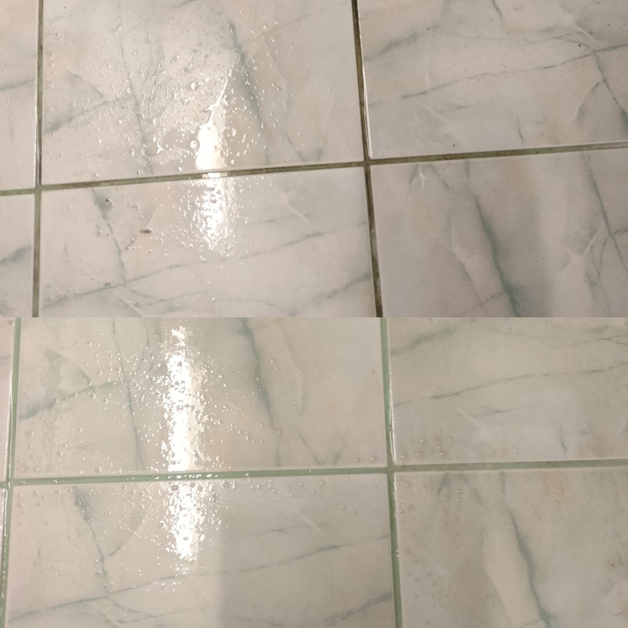 Czyszczenie fug na marmurowych płytkach podłogowych. Widoczne krople wody i różnica w czystości między górną a dolną częścią kadru. Efekt czyszczenia.