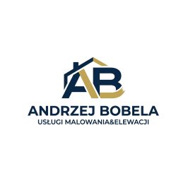 ANDREY BOBELYA - Logo firmy Andrzej Bobela - usługi malowania i elewacji. Granatowe litery AB z motywem domu, złoty akcent pędzla. Minimalistyczny design na białym tle.