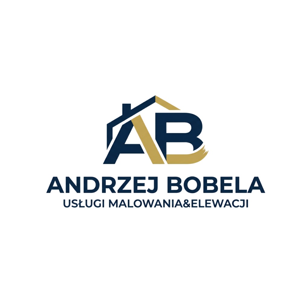 Logo firmy Andrzej Bobela - usługi malowania i elewacji. Granatowe litery AB z motywem domu, złoty akcent pędzla. Minimalistyczny design na białym tle.