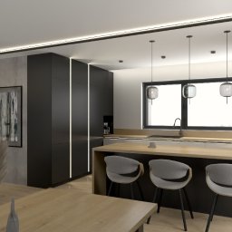 LeoArt - Wizualizacja nowoczesnej kuchni z wyspą i czarnymi szafkami z oświetleniem LED. Minimalistyczne krzesła barowe i lampy wiszące dopełniają aranżację.