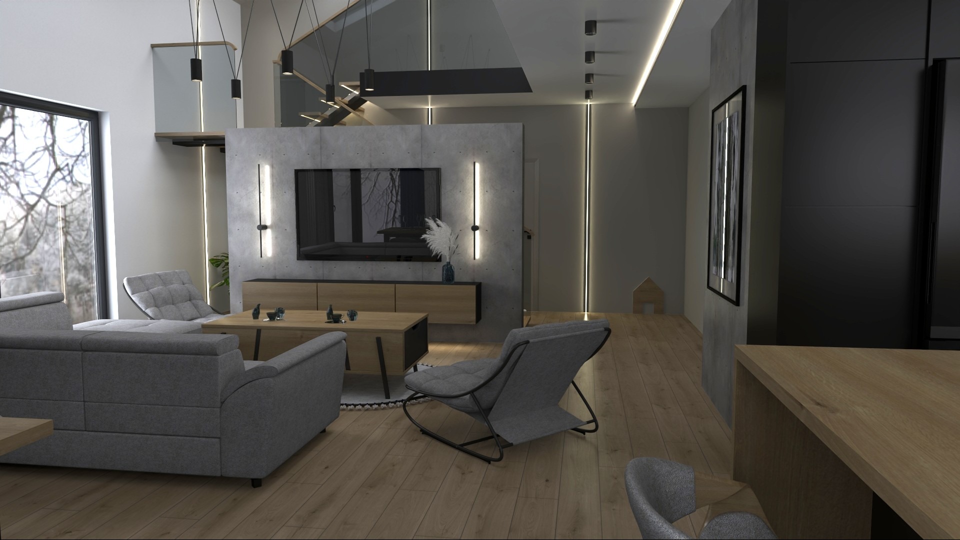 Wizualizacja salonu w szarościach z drewnianą podłogą, betonową ścianą TV i nowoczesnym oświetleniem. Widoczne meble wypoczynkowe i elementy dekoracyjne.