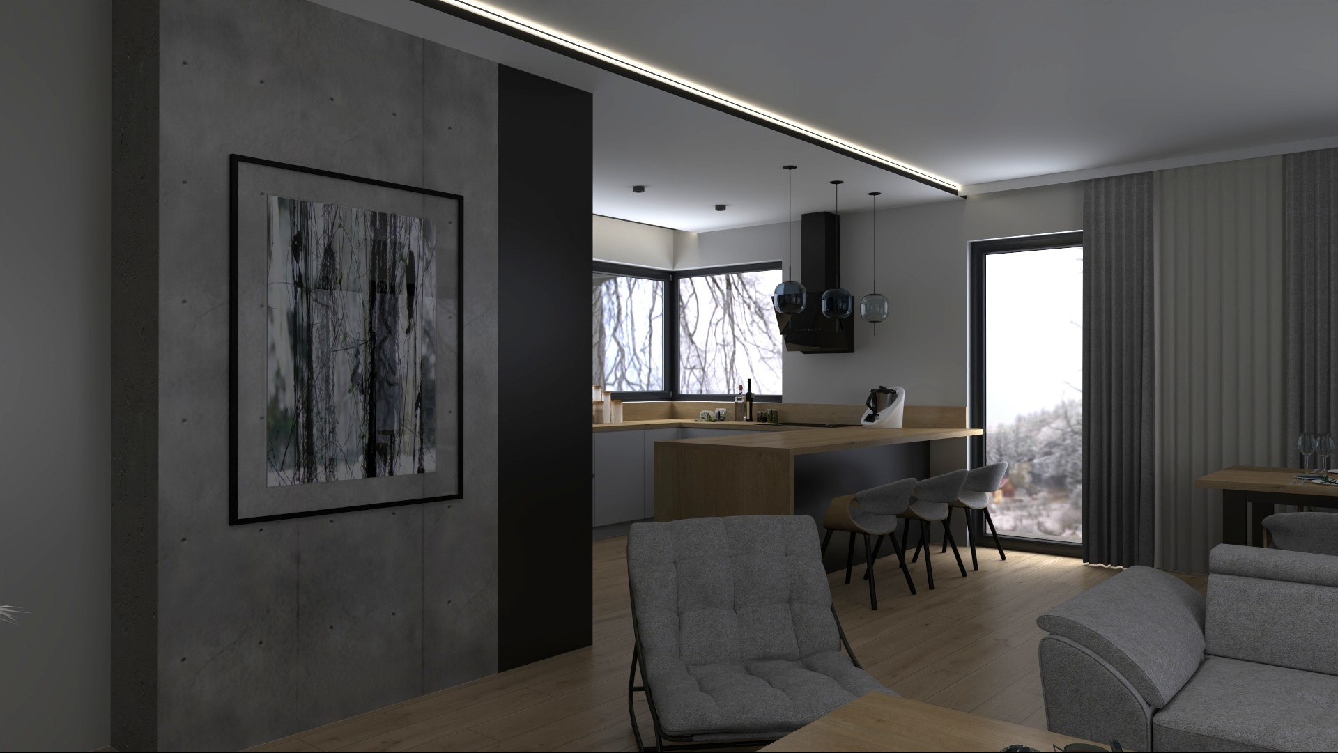 Nowoczesne wnętrze: szara sofa, betonowa ściana z abstrakcyjnym obrazem, drewniany blat kuchenny i wiszące lampy. Minimalistyczny design z widokiem na zimowy krajobraz.