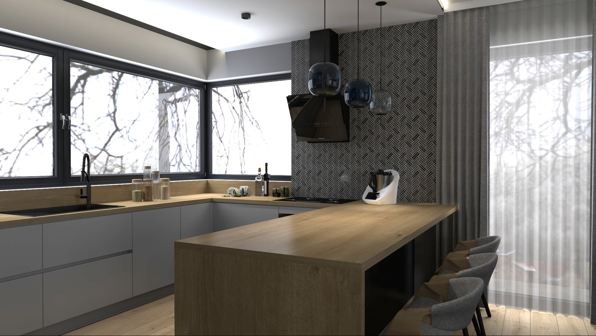 Nowoczesna kuchnia z szarymi szafkami, drewnianym blatem i oknem z widokiem na drzewa. Nad blatem wiszą trzy szklane lampy, a ściana zdobiona jest wzorem w jodełkę.
