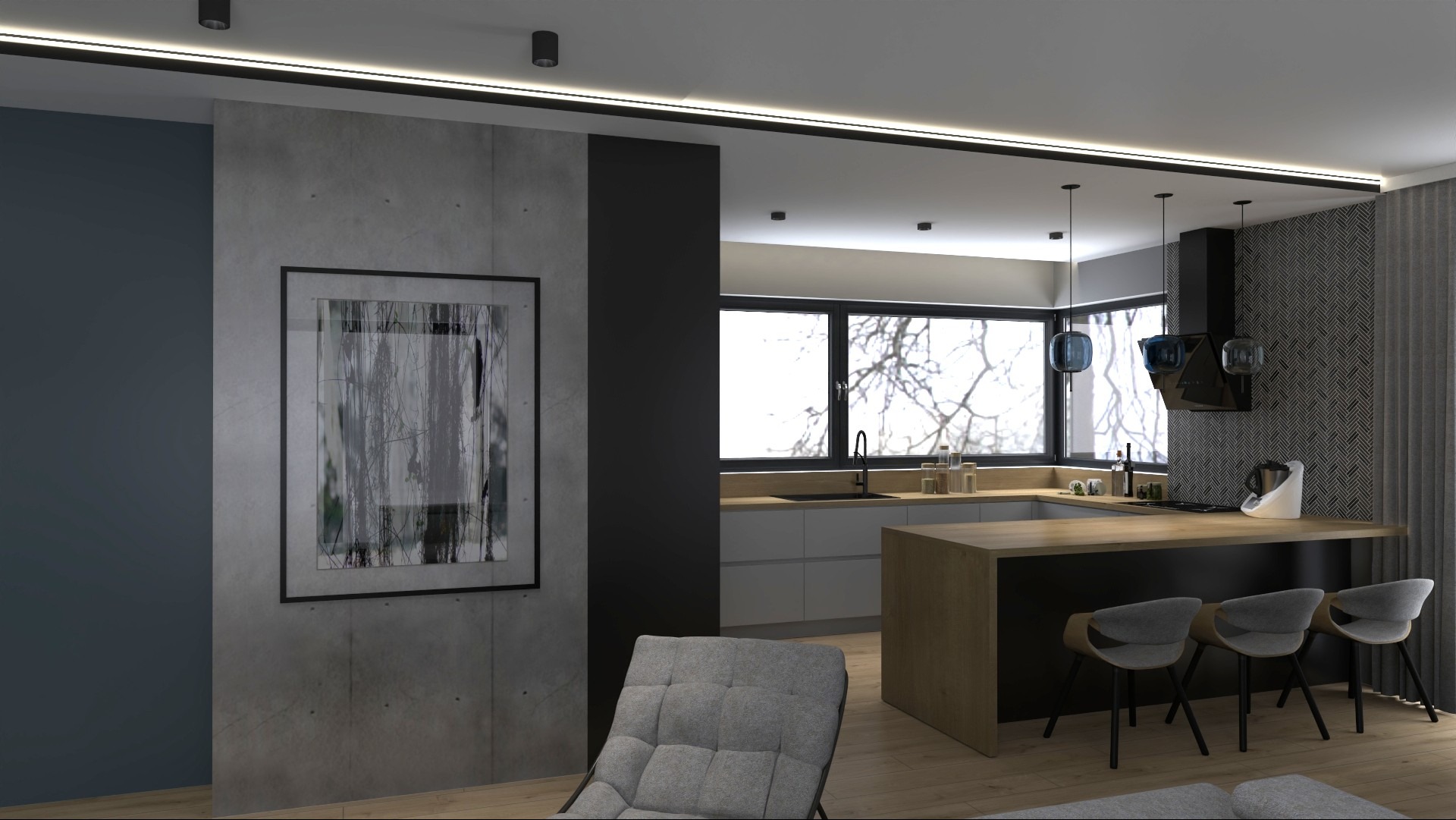 Nowoczesna kuchnia z wyspą i szarymi krzesłami, betonowa ściana z abstrakcyjnym obrazem w czarnej ramie. Minimalistyczne oświetlenie sufitowe i duże okno z widokiem na drzewa.