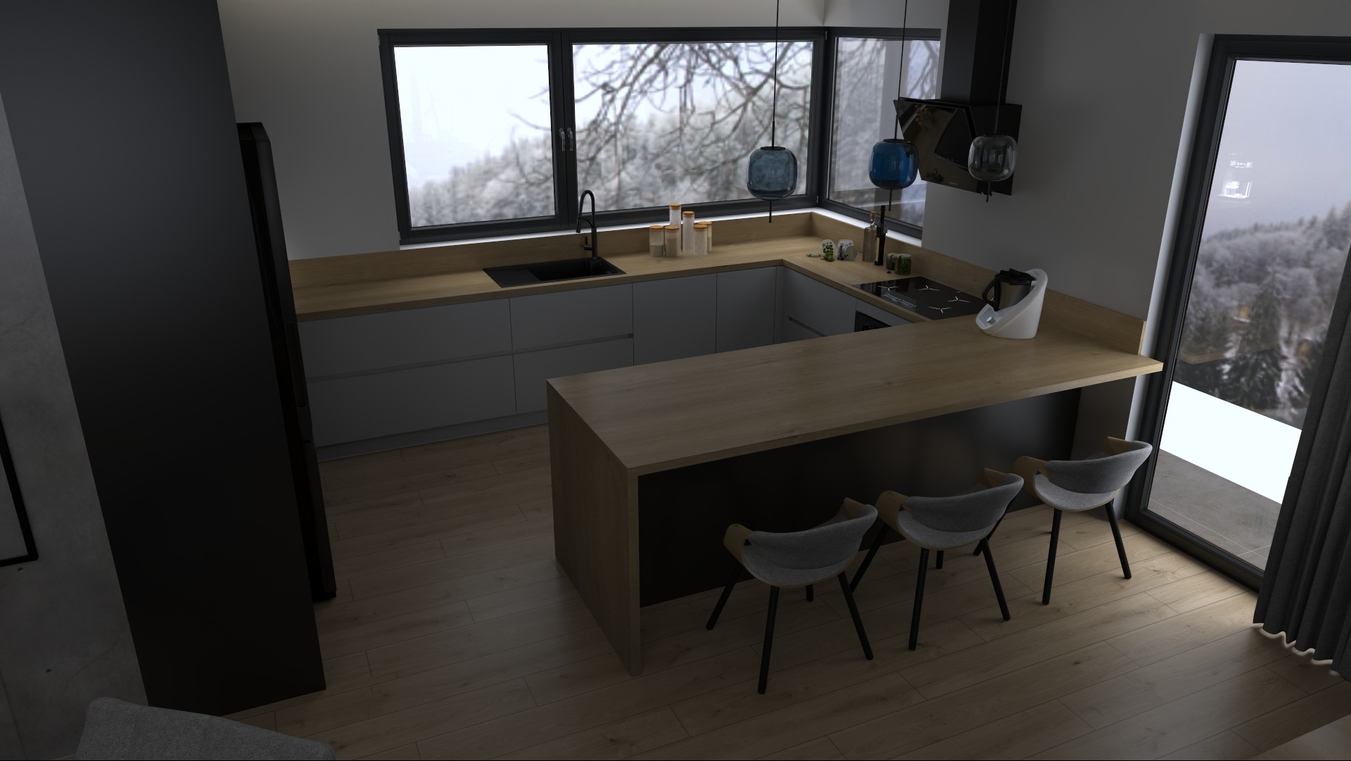 Nowoczesna kuchnia z wyspą i widokiem na zimowy krajobraz. Minimalistyczny design, drewniane blaty, szare szafki i trzy krzesła barowe. Oświetlenie punktowe i duże okna.