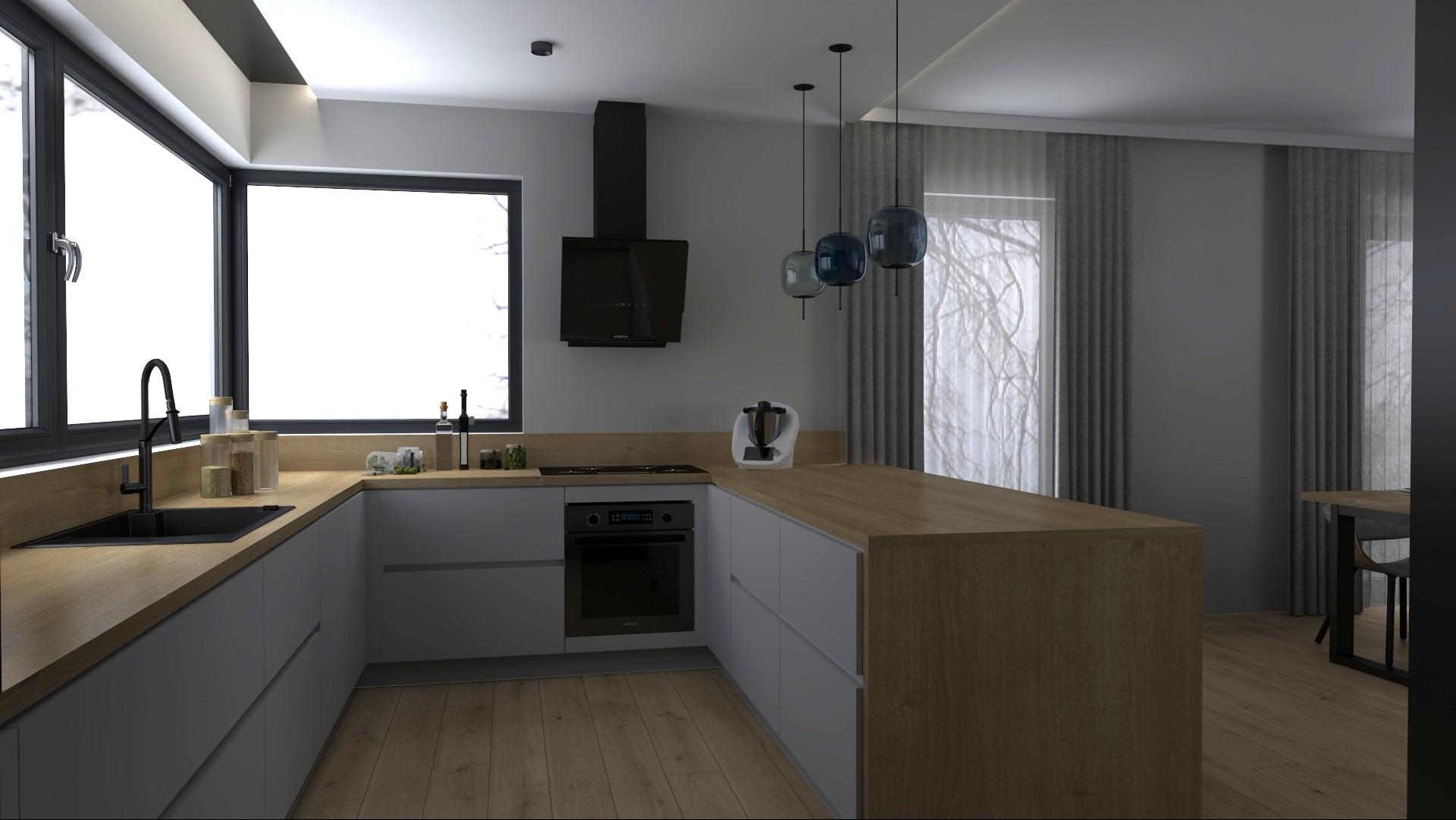 Nowoczesna kuchnia w szarościach z drewnianymi blatami i wyspą. Minimalistyczne oświetlenie, duże okno z widokiem na zimowy krajobraz. Elegancki design.