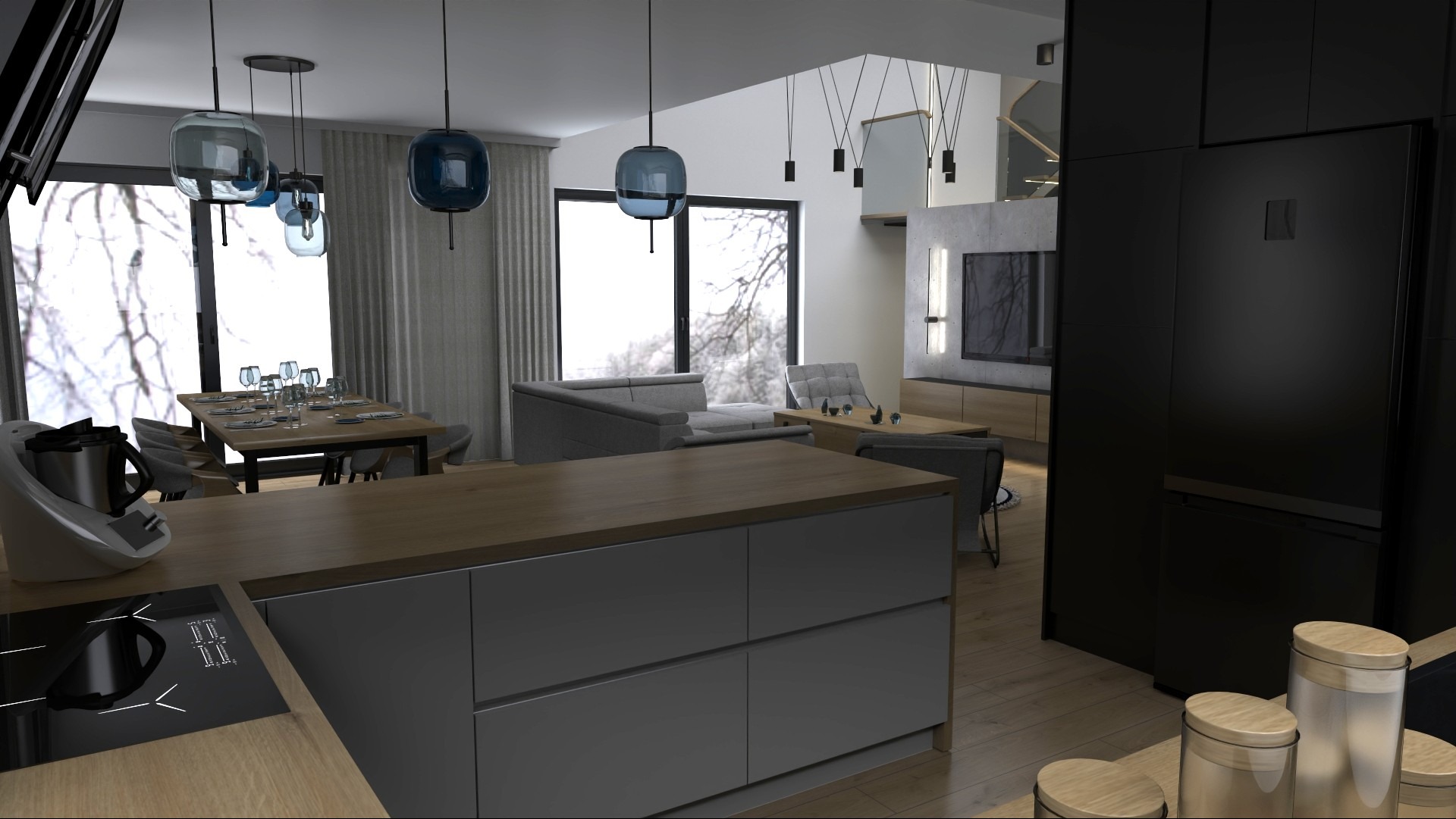 Nowoczesne wnętrze: szara kuchnia z drewnianym blatem, czarna lodówka, stół z zastawą i widok na zimowy krajobraz za oknem. Minimalistyczne lampy wiszące.